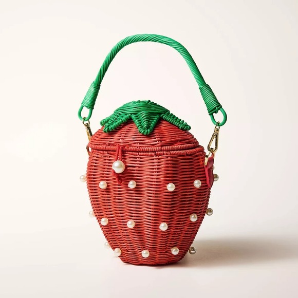 Kate Spade, Target Pearl Embellished Strawberry Basket Bucket Bag Purse Red Tote - Picture 11 of 11